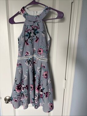 Crystal Doll Striped Halter Dress with Pink & Teal Floral Print
